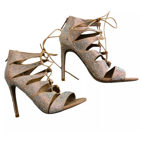 Steve Madden Radikel Rhinestones Gladiator High Heels Zip Lace Brown Size 6M - Picture 2 of 8